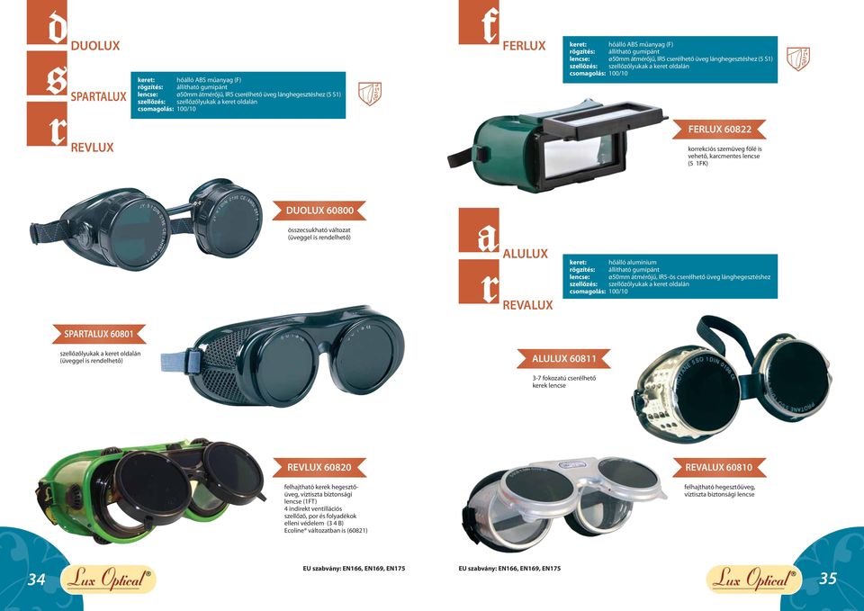 csomagolás: 100/10 FERLUX 60822 korrekciós szemüveg fölé is vehető, karcmentes lencse (5 1FK) DUOLUX 60800 összecsukható változat (üveggel is rendelhető) aalulux r REVALUX keret: hőálló alumínium
