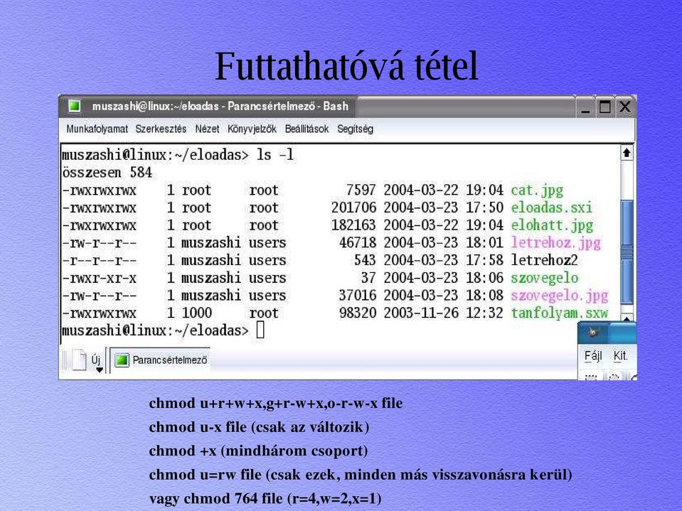 (mindhárom csoport) chmod u=rw file (csak ezek,