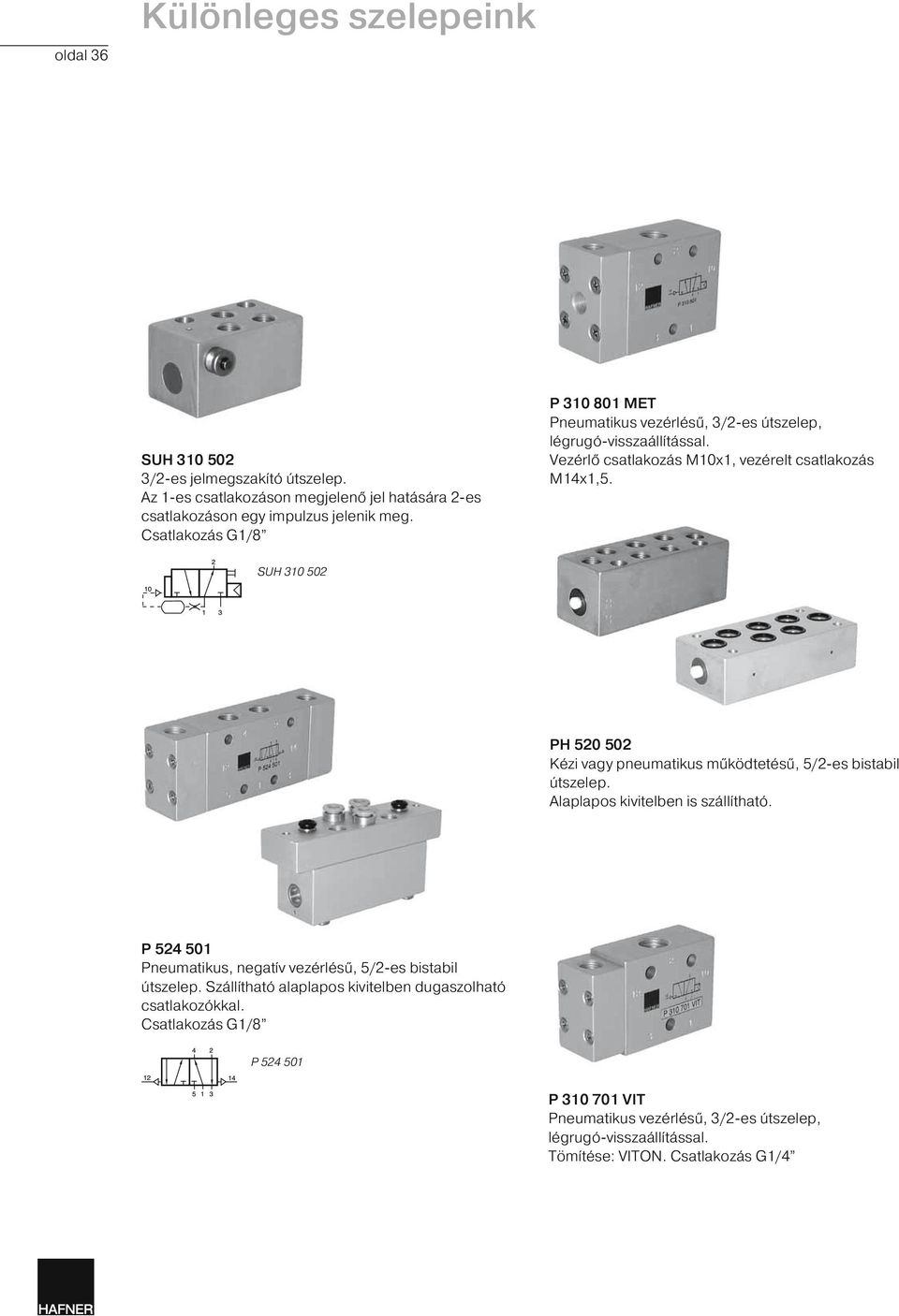 SUH 310 502 PH 520 502 Kézi vagy pneumatikus működtetésű, 5/2-es útszelep. Alaplapos kivitelben is szállítható. P 524 501 Pneumatikus, negatív vezérlésű, 5/2-es útszelep.