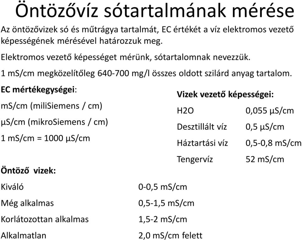 EC mértékegységei: ms/cm (milisiemens / cm) μs/cm (mikrosiemens / cm) 1 ms/cm = 1000 μs/cm Vizek vezető képességei: H2O 0,055 μs/cm Desztillált víz 0,5