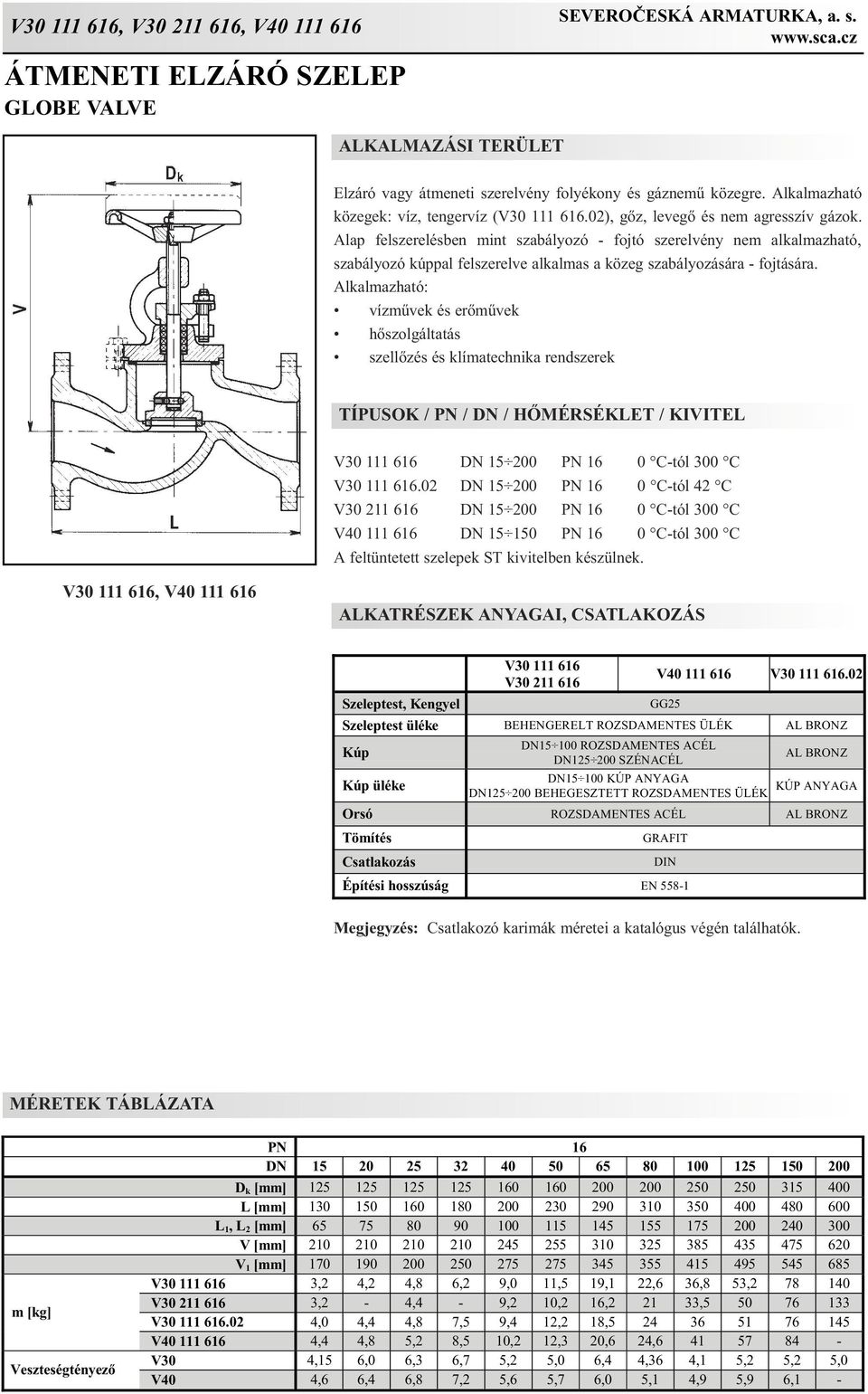 Alkalmazható: vízmûvek és erõmûvek hõszolgáltatás szellõzés és klímatechnika rendszerek TÍPUSOK / PN / / HÕMÉRSÉKLET / KIVITEL V30 111 616 15 200 PN 16 0 C-tól 300 C V30 111 616.