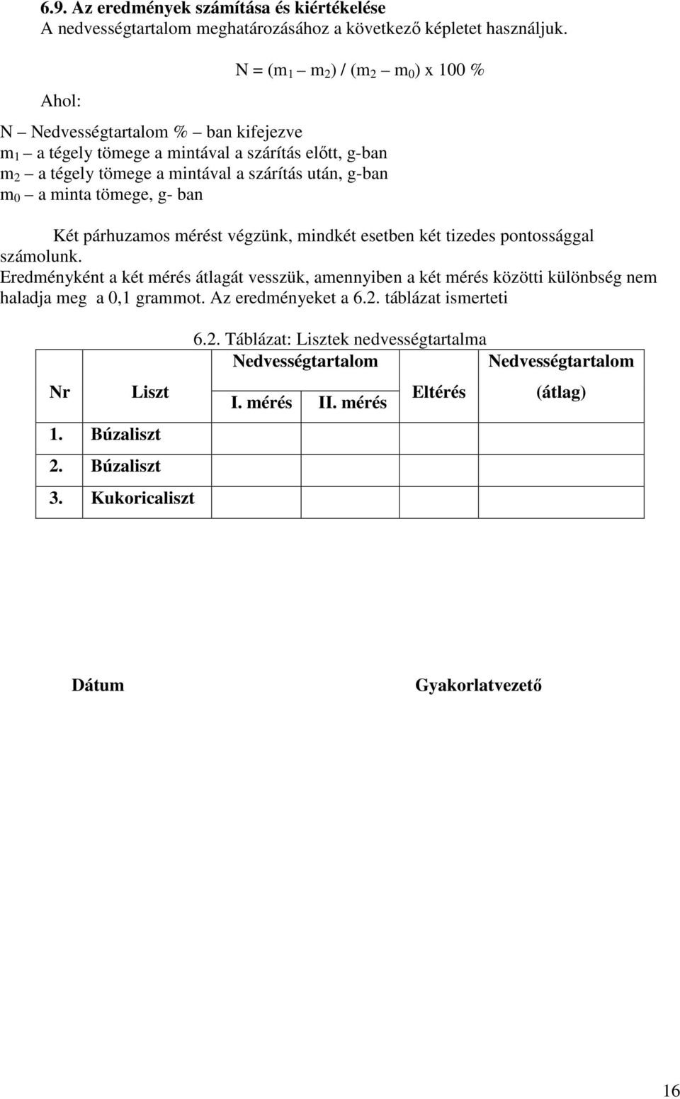 0 a minta tömege, g- ban Két párhuzamos mérést végzünk, mindkét esetben két tizedes pontossággal számolunk.