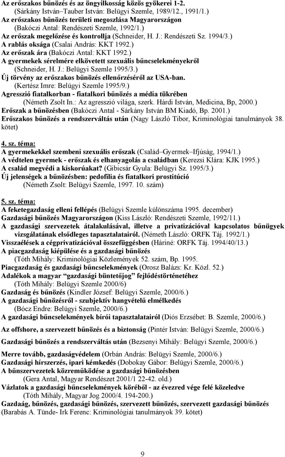 ) A rablás oksága (Csalai András: KKT 1992.) Az erőszak ára (Bakóczi Antal: KKT 1992.) A gyermekek sérelmére elkövetett szexuális bűncselekményekről (Schneider, H. J.: Belügyi Szemle 1995/3.