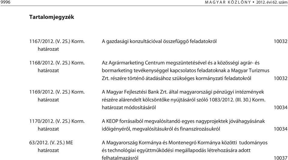 ) ME határozat A gazdasági konzultációval összefüggõ feladatokról 10032 Az Agrármarketing Centrum megszüntetésével és a közösségi agrár- és bormarketing tevékenységgel kapcsolatos feladatoknak a