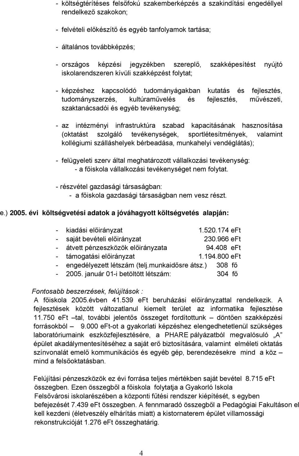 művészeti, szaktanácsadói és egyéb tevékenység; - az intézményi infrastruktúra szabad kapacitásának hasznosítása (oktatást szolgáló tevékenységek, sportlétesítmények, valamint kollégiumi