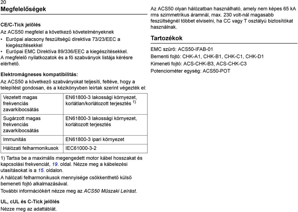 Elektromágneses kompatibilitás: Az ACS50 a következő szabványokat teljesíti, feltéve, hogy a telepítést gondosan, és a kézikönyvben leírtak szerint végezték el: Az ACS50 olyan hálózatban használható,