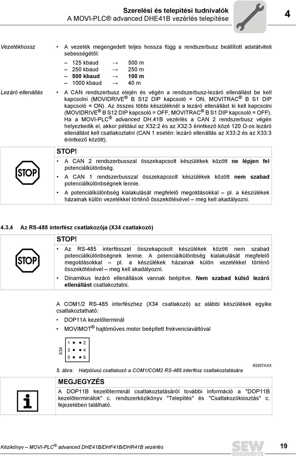 MOVITRAC B S DIP kapcsoló = ON). Az összes többi készüléknél a lezáró ellenállást ki kell kapcsolni (MOVIDRIVE B S DIP kapcsoló = OFF, MOVITRAC B S DIP kapcsoló = OFF). Ha a MOVI-PLC advanced DH.