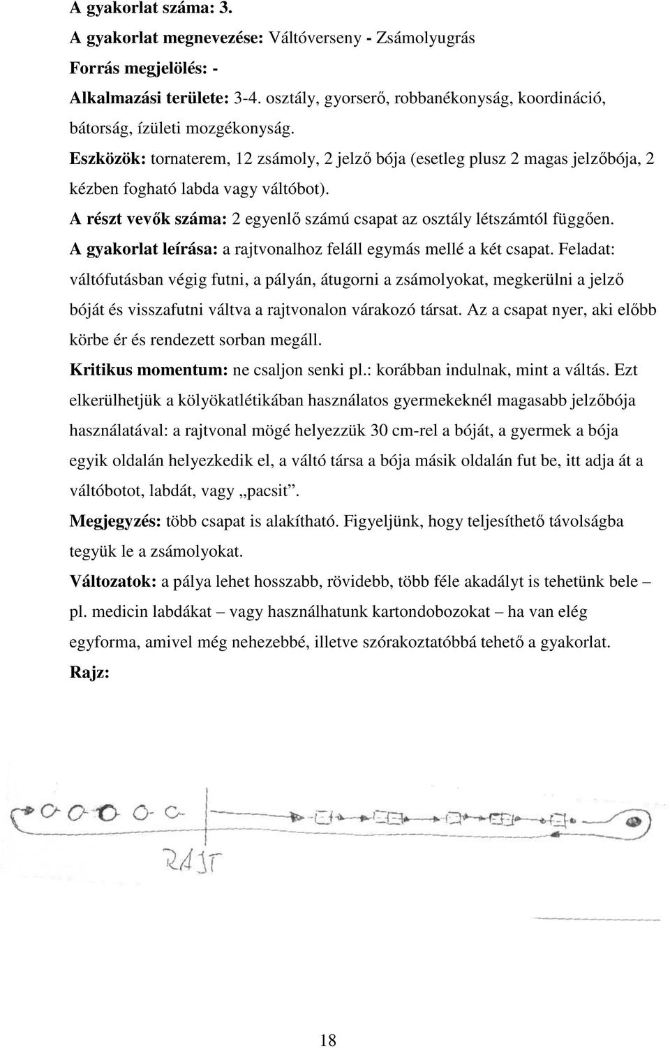 A részt vevők száma: 2 egyenlő számú csapat az osztály létszámtól függően. A gyakorlat leírása: a rajtvonalhoz feláll egymás mellé a két csapat.