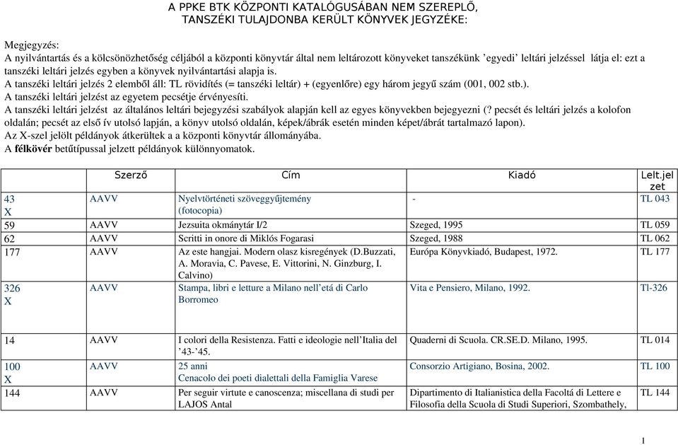 A tanszéki leltári jelzés 2 elemből áll: TL rövidítés (= tanszéki leltár) + (egyenlőre) egy három jegyű szám (001, 002 stb.). A tanszéki leltári jelzést az egyetem pecsétje érvényesíti.