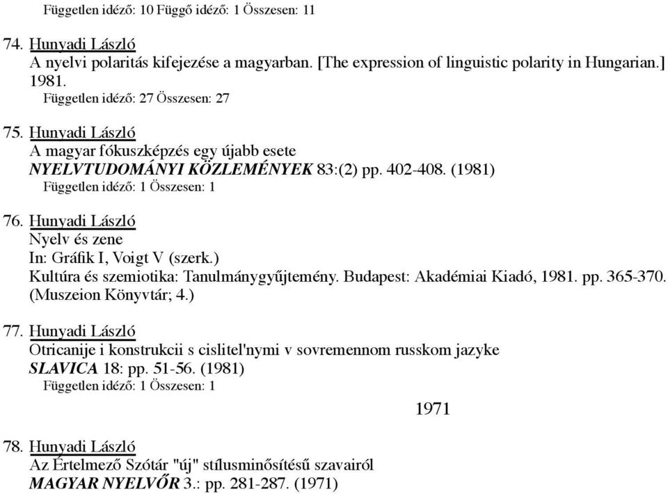Hunyadi László Nyelv és zene In: Gráfik I, Voigt V (szerk.) Kultúra és szemiotika: Tanulmánygyűjtemény. Budapest: Akadémiai Kiadó, 1981. pp. 365-370. (Muszeion Könyvtár; 4.) 77.