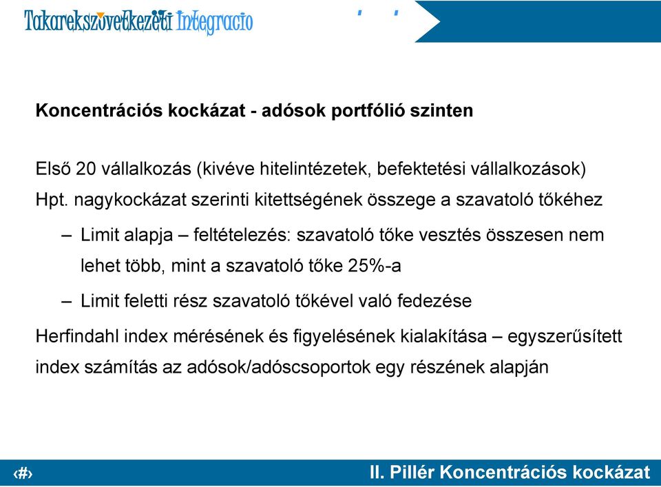 lehet több, mint a szavatoló tőke 25%-a Limit feletti rész szavatoló tőkével való fedezése Herfindahl index mérésének és