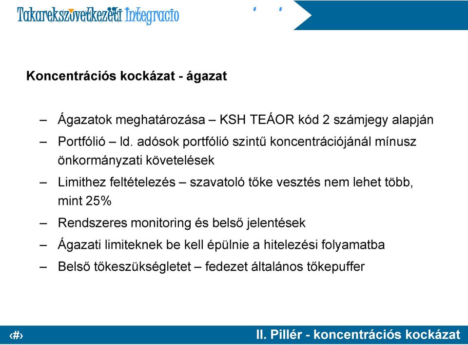 tőke vesztés nem lehet több, mint 25% Rendszeres monitoring és belső jelentések Ágazati limiteknek be kell