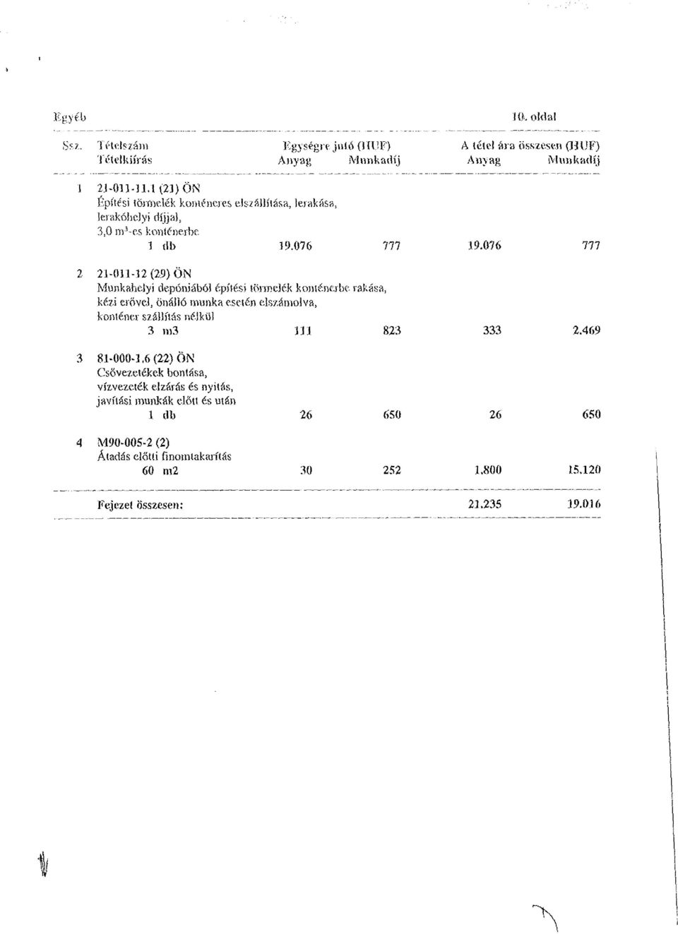 építési törmelék konténerbe rakása, kézi erővel, önálló munka esetén elszámolva, konténer szállítás nélkül 3 m3 311 823 19.076 333 777 2.