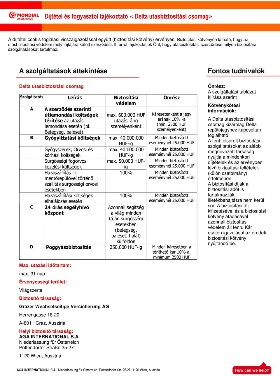 A szolgáltatások áttekintése Fontos tudnivalók Delta utasbiztosítási csomag Szolgáltatás Leírás Biztosítási védelem A A szerzıdés szerinti útlemondási költségek max. 600.