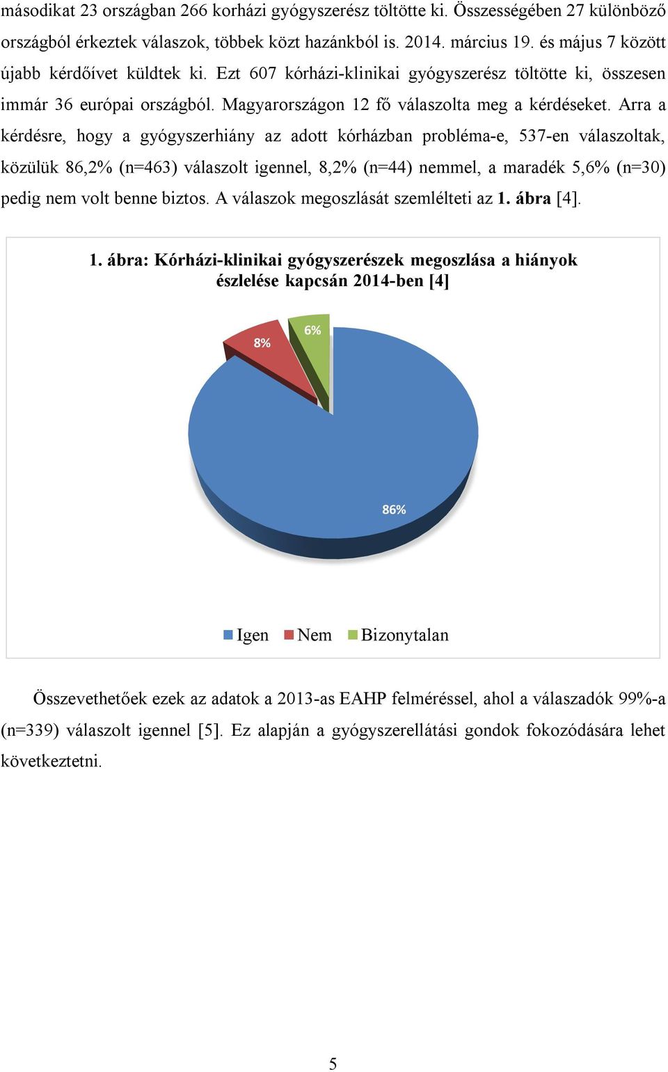 Arra a kérdésre, hogy a gyógyszerhiány az adott kórházban probléma-e, 537-en válaszoltak, közülük 86,2% (n=463) válaszolt igennel, 8,2% (n=44) nemmel, a maradék 5,6% (n=30) pedig nem volt benne