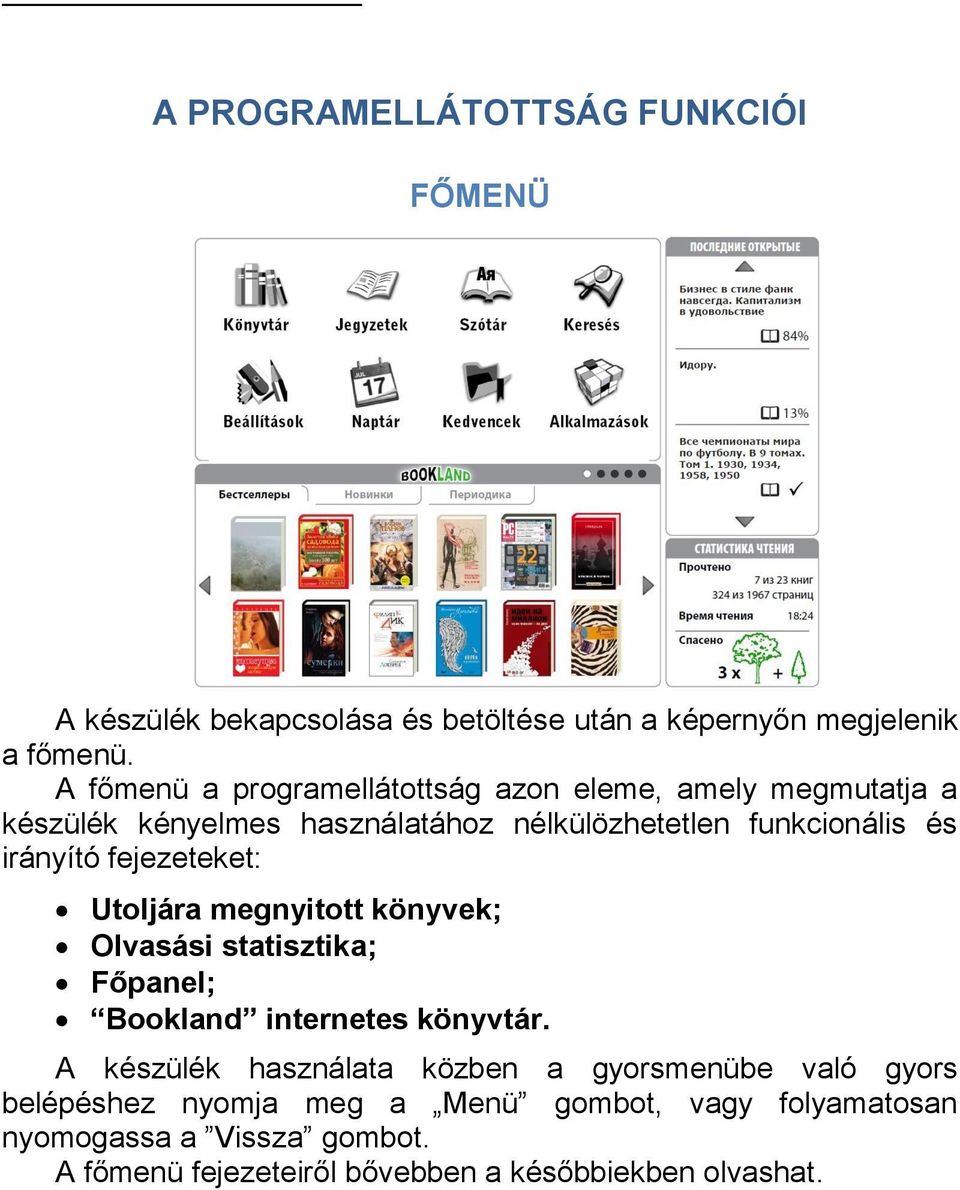 fejezeteket: Utoljára megnyitott könyvek; Olvasási statisztika; Főpanel; Bookland internetes könyvtár.