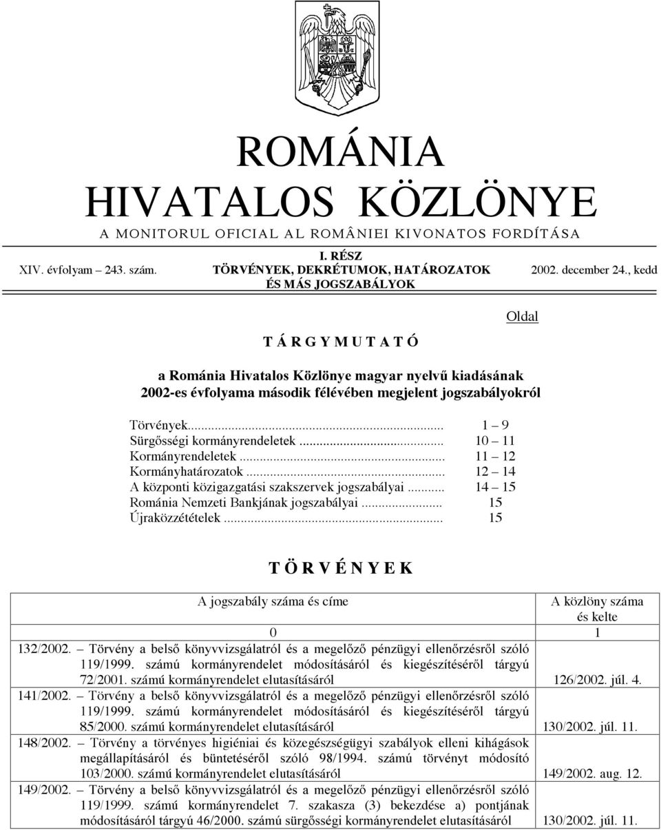 .. 6 UJ VVpJLNRUPiQ\UHQGHOHWHN... Kormányrendeletek... Kormányhatározatok... A központi közigazgatási szakszervek jogszabályai... Románia Nemzeti Bankjának jogszabályai... Újraközzétételek.