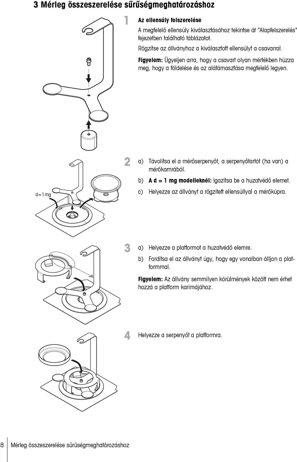 a) Távolítsa el a mérőserpenyőt, a serpenyőtartót (ha van) a mérőkamrából. b) A d = 1 mg modelleknél: Igazítsa be a huzatvédő elemet. c) Helyezze az állványt a rögzített ellensúllyal a mérőkúpra.