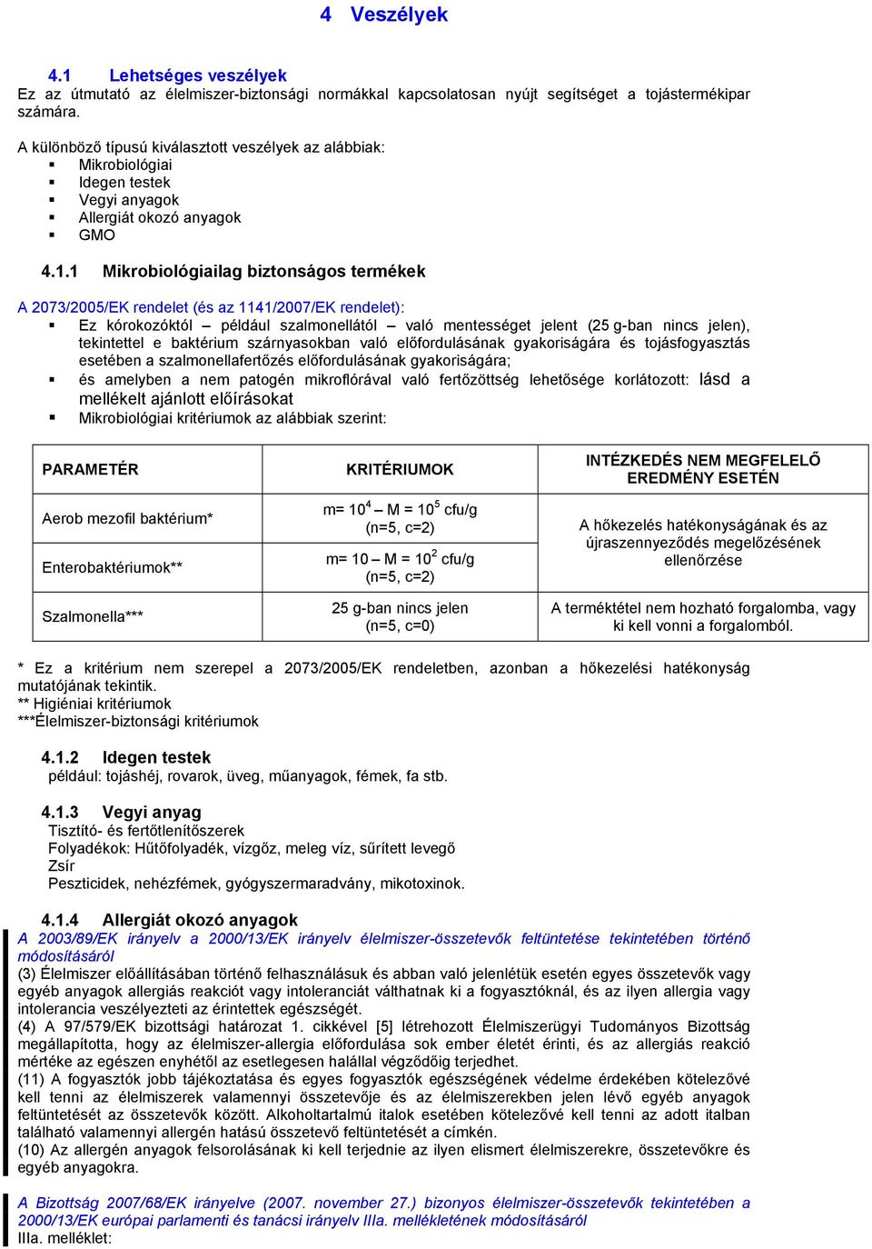 1 Mikrobiológiailag biztonságos termékek A 2073/2005/EK rendelet (és az 1141/2007/EK rendelet): Ez kórokozóktól például szalmonellától való mentességet jelent (25 g-ban nincs jelen), tekintettel e