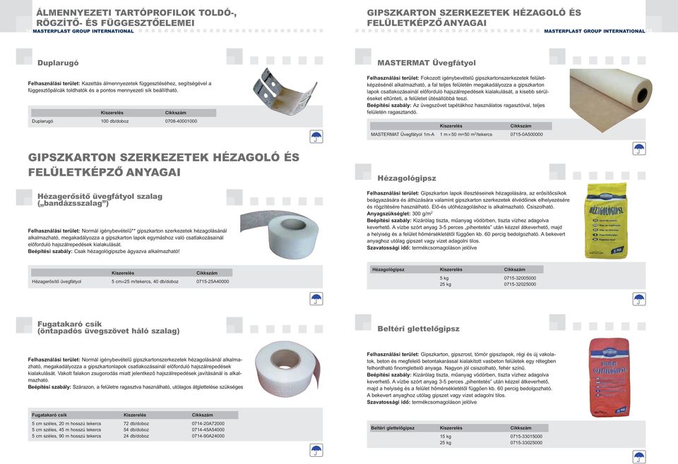 Duplarugó 100 db/doboz 0708-40001000 MASTERMAT Üvegfátyol Felhasználási terület: Fokozott igénybevételű gipszkartonszerkezetek felületképzésénél alkalmazható, a fal teljes felületén megakadályozza a