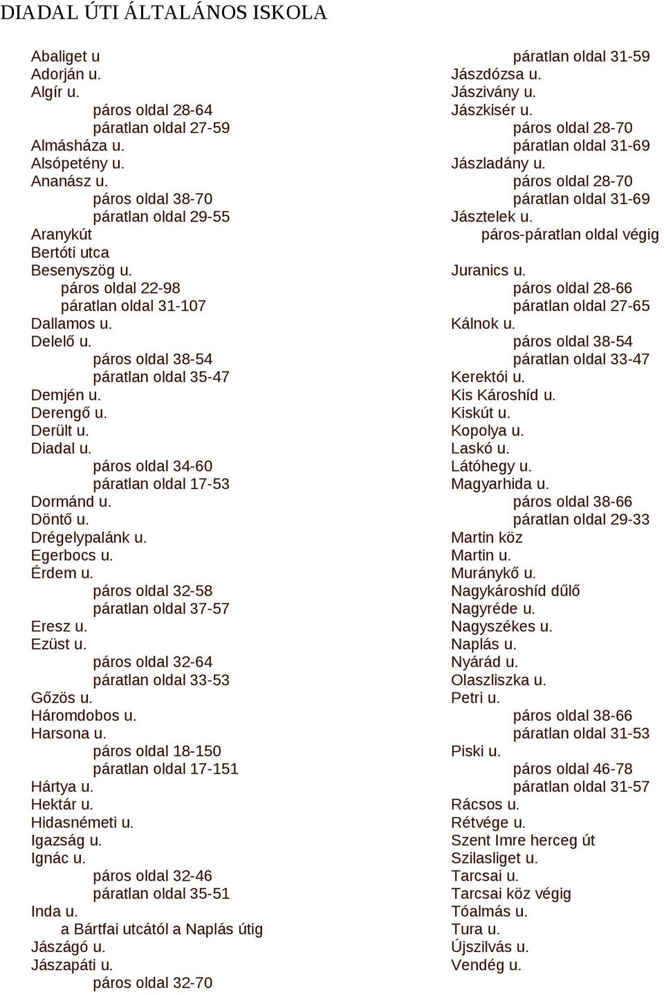 Derült u. Diadal u. páros oldal 34-60 páratlan oldal 17-53 Dormánd u. Döntő u. Drégelypalánk u. Egerbocs u. Érdem u. páros oldal 32-58 páratlan oldal 37-57 Eresz u. Ezüst u.