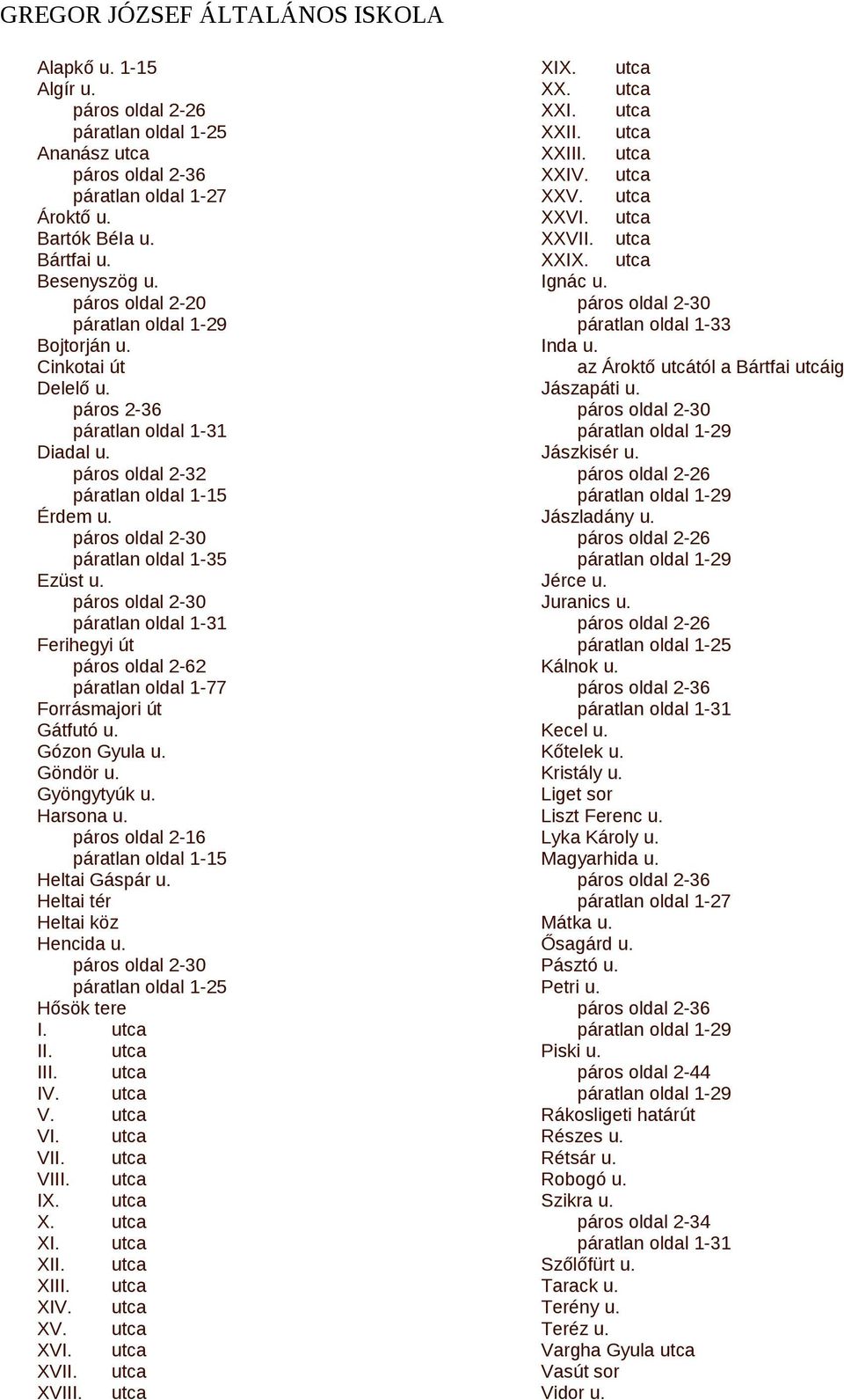 páratlan oldal 1-31 Ferihegyi út páros oldal 2-62 páratlan oldal 1-77 Forrásmajori út Gátfutó u. Gózon Gyula u. Göndör u. Gyöngytyúk u. Harsona u. páros oldal 2-16 páratlan oldal 1-15 Heltai Gáspár u.