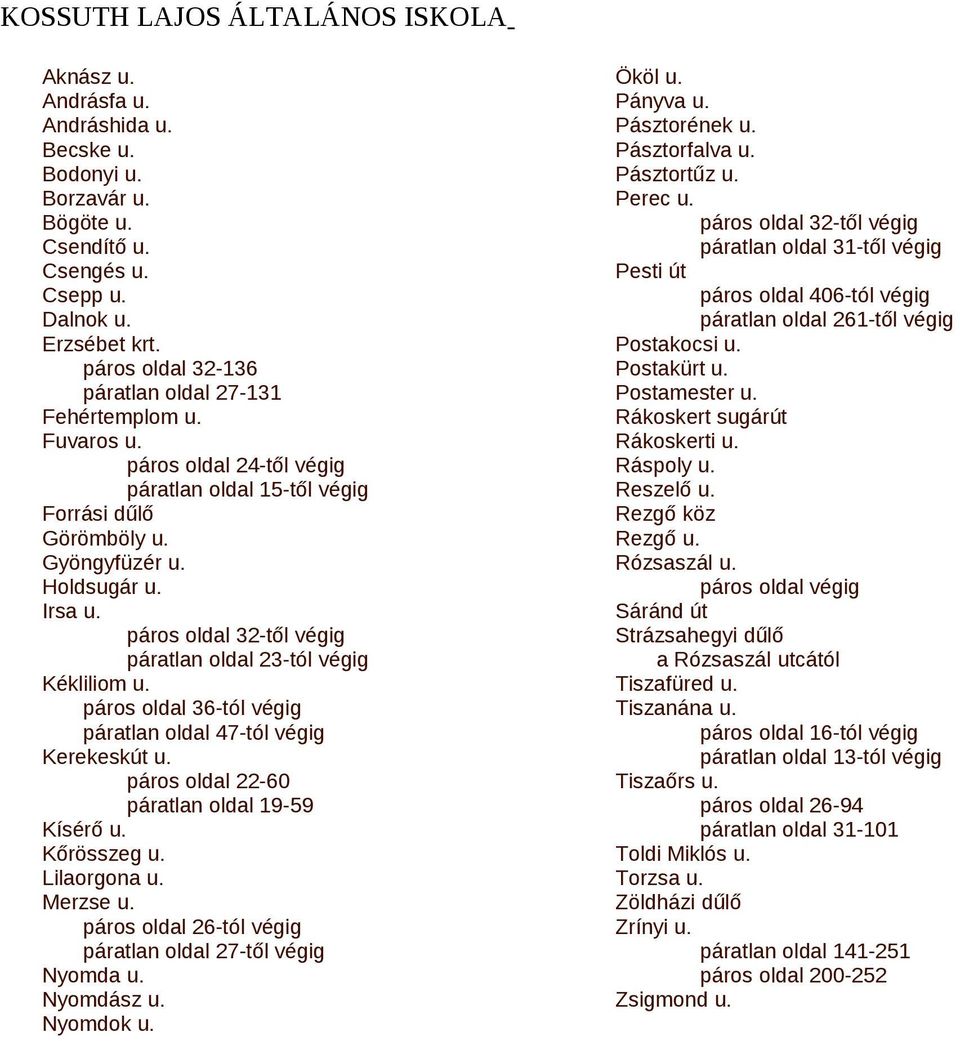 páros oldal 32-től végig páratlan oldal 23-tól végig Kékliliom u. páros oldal 36-tól végig páratlan oldal 47-tól végig Kerekeskút u. páros oldal 22-60 páratlan oldal 19-59 Kísérő u. Kőrösszeg u.