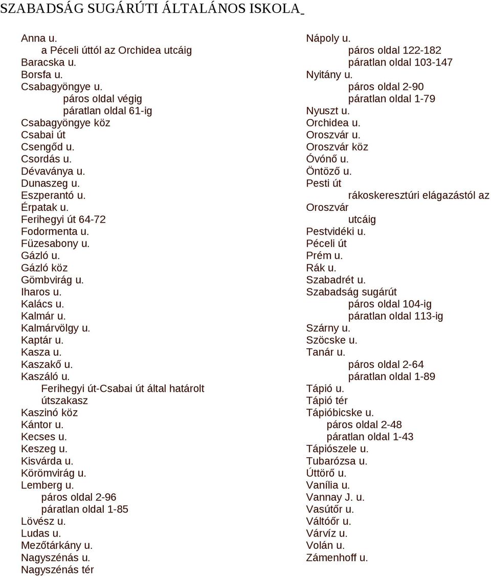 Kasza u. Kaszakő u. Kaszáló u. Ferihegyi út-csabai út által határolt útszakasz Kaszinó köz Kántor u. Kecses u. Keszeg u. Kisvárda u. Körömvirág u. Lemberg u.