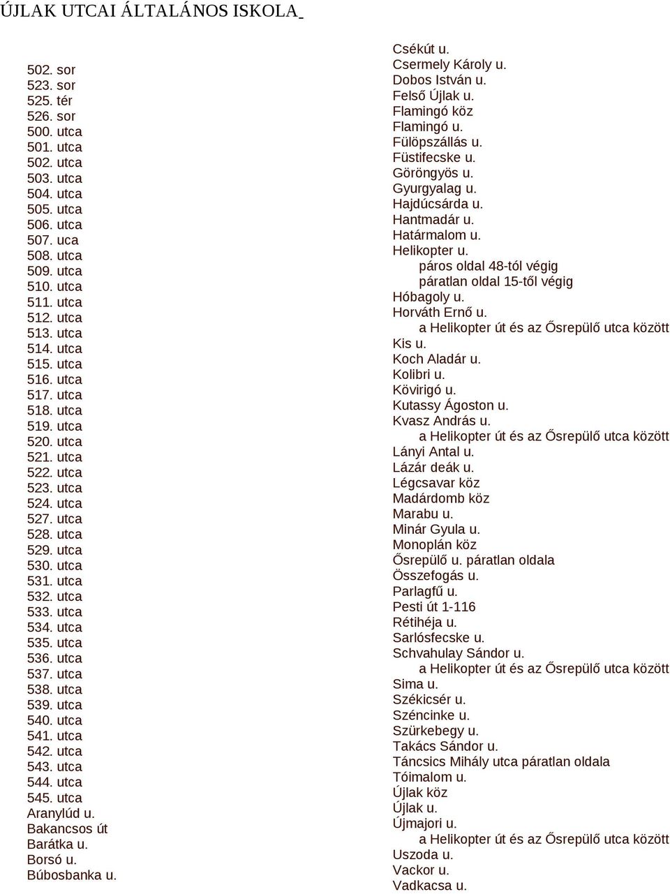 utca 536. utca 537. utca 538. utca 539. utca 540. utca 541. utca 542. utca 543. utca 544. utca 545. utca Aranylúd u. Bakancsos út Barátka u. Borsó u. Búbosbanka u. Csékút u. Csermely Károly u.