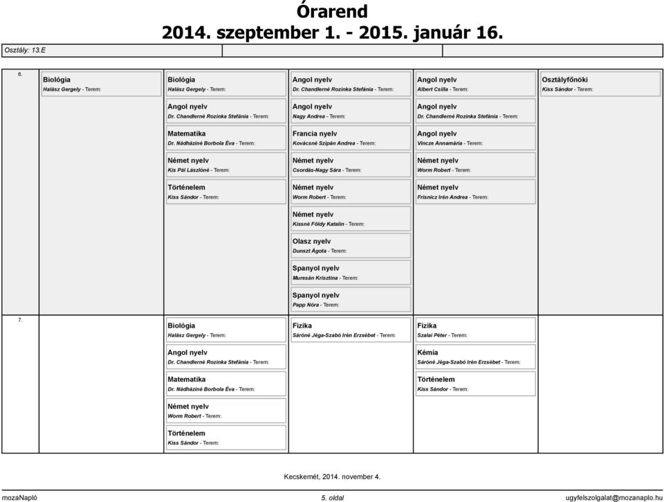 Terem: Kissné Földy Katalin - Terem: Olasz nyelv Dunszt Ágota - Terem: 7.