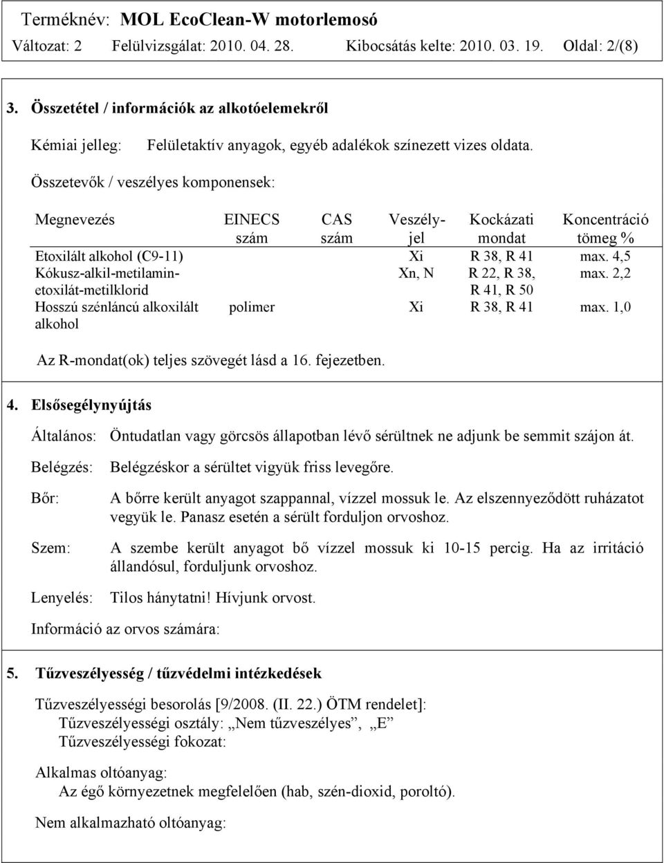 Összetevők / veszélyes komponensek: Megnevezés EINECS szám CAS szám Veszélyjel Kockázati mondat Koncentráció tömeg % Etoxilált alkohol (C9-11) Xi R 38, R 41 max.