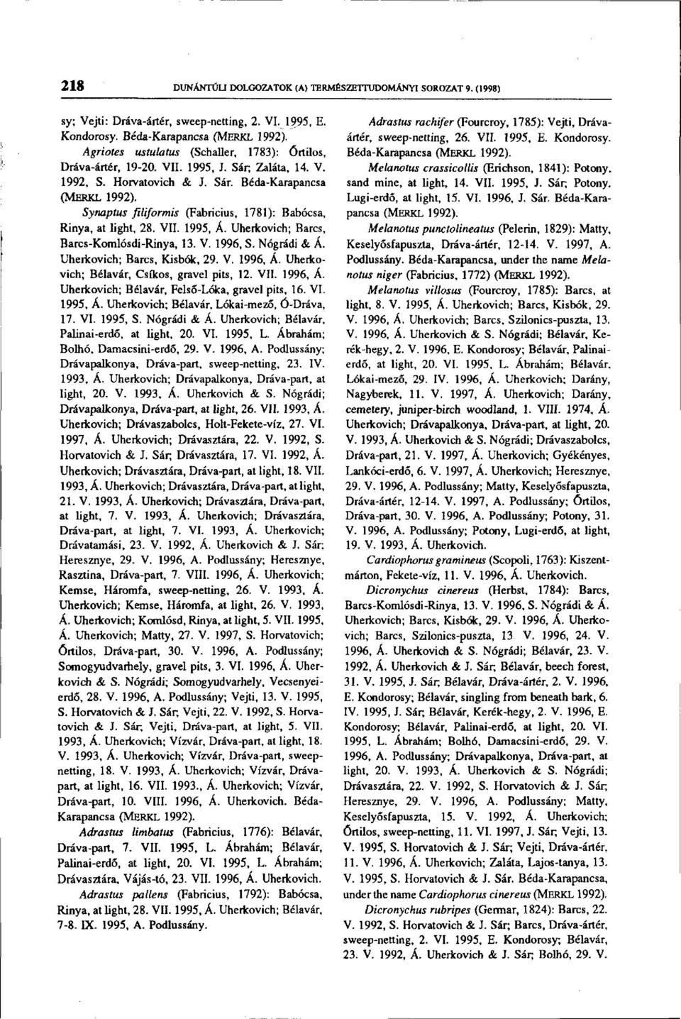 VII. 1995, Ä. Uherkovich; Barcs, Barcs-Komlósdi-Rinya, 13. V. 1996, S. Nógrádi & Á. Uherkovich; Barcs, Kisbók, 29. V. 1996, Á. Uherkovich; Bélavár, Csíkos, gravel pits, 12. VII. 1996, Á. Uherkovich; Bélavár, Felső-Lóka, gravel pits, 16.