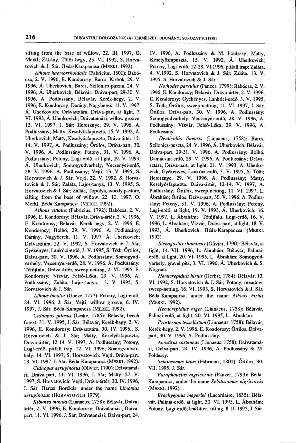 V. 1996, A. Podlussány; Bélavár, Kerék-hegy, 2. V. Î996, E. Kondorosy; Darány, Nagyberek, 11. V. 1997, Á. Uherkovich; Drávasztára, Dráva-part, at light, 7. VI. 1993, Á.