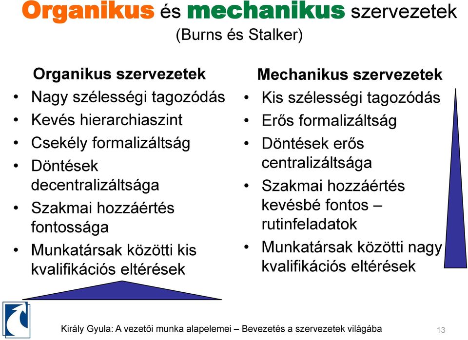 közötti kis kvalifikációs eltérések Mechanikus szervezetek Kis szélességi tagozódás Erős formalizáltság Döntések