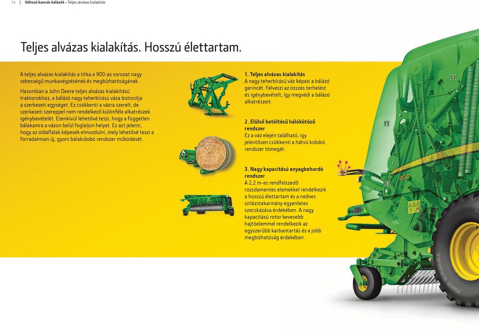 Hasonlóan a John Deere teljes alvázas kialakítású traktorokhoz, a bálázó nagy teherbírású váza biztosítja a szerkezeti egységet.