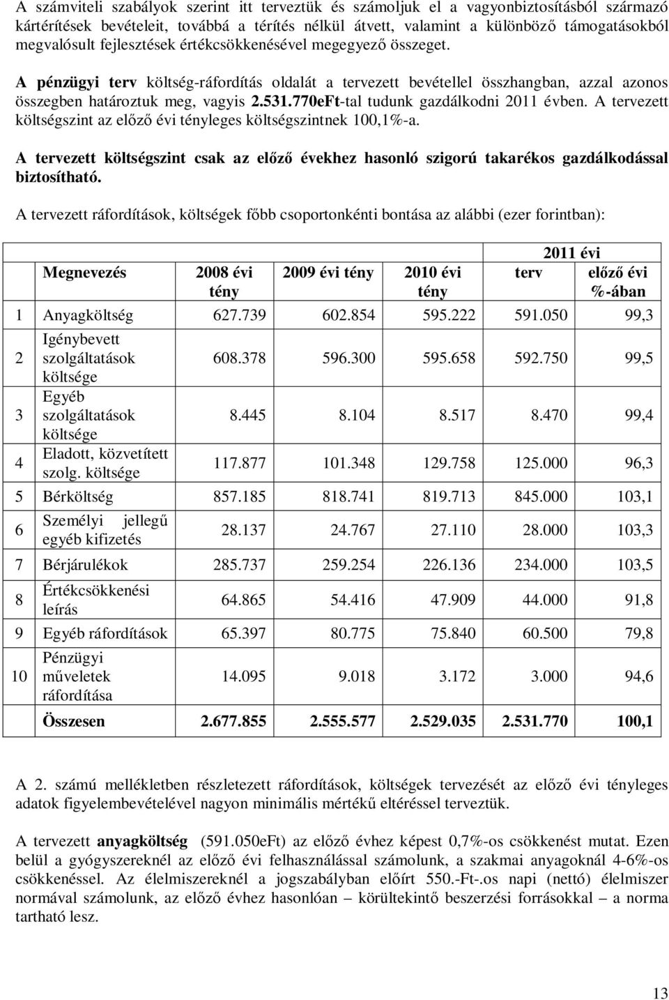 770eFt-tal tudunk gazdálkodni 2011 évben. A tervezett költségszint az előző évi tényleges költségszintnek 100,1%-a.