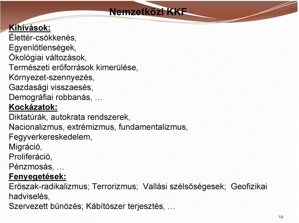 rendszerek, Nacionalizmus, extrémizmus, fundamentalizmus, Fegyverkereskedelem, Migráció, Proliferáció, Pénzmosás,