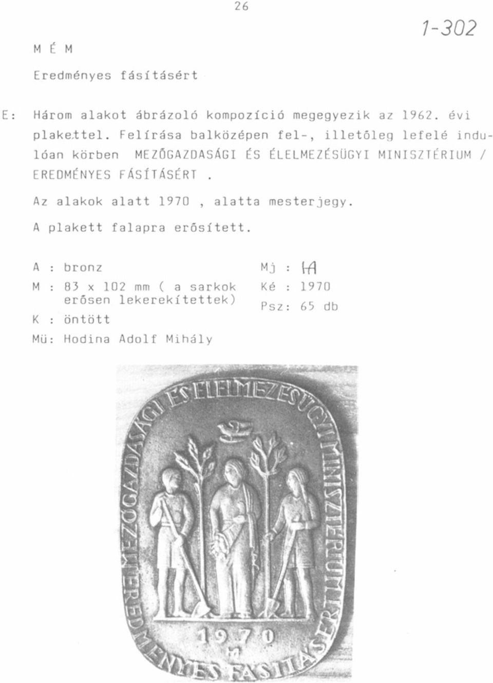 MINISZTÉRIUM / EREDMÉNYES FÁSÍTÁSÉRT. Az alakok alatt 1970, alatta mesterjegy.