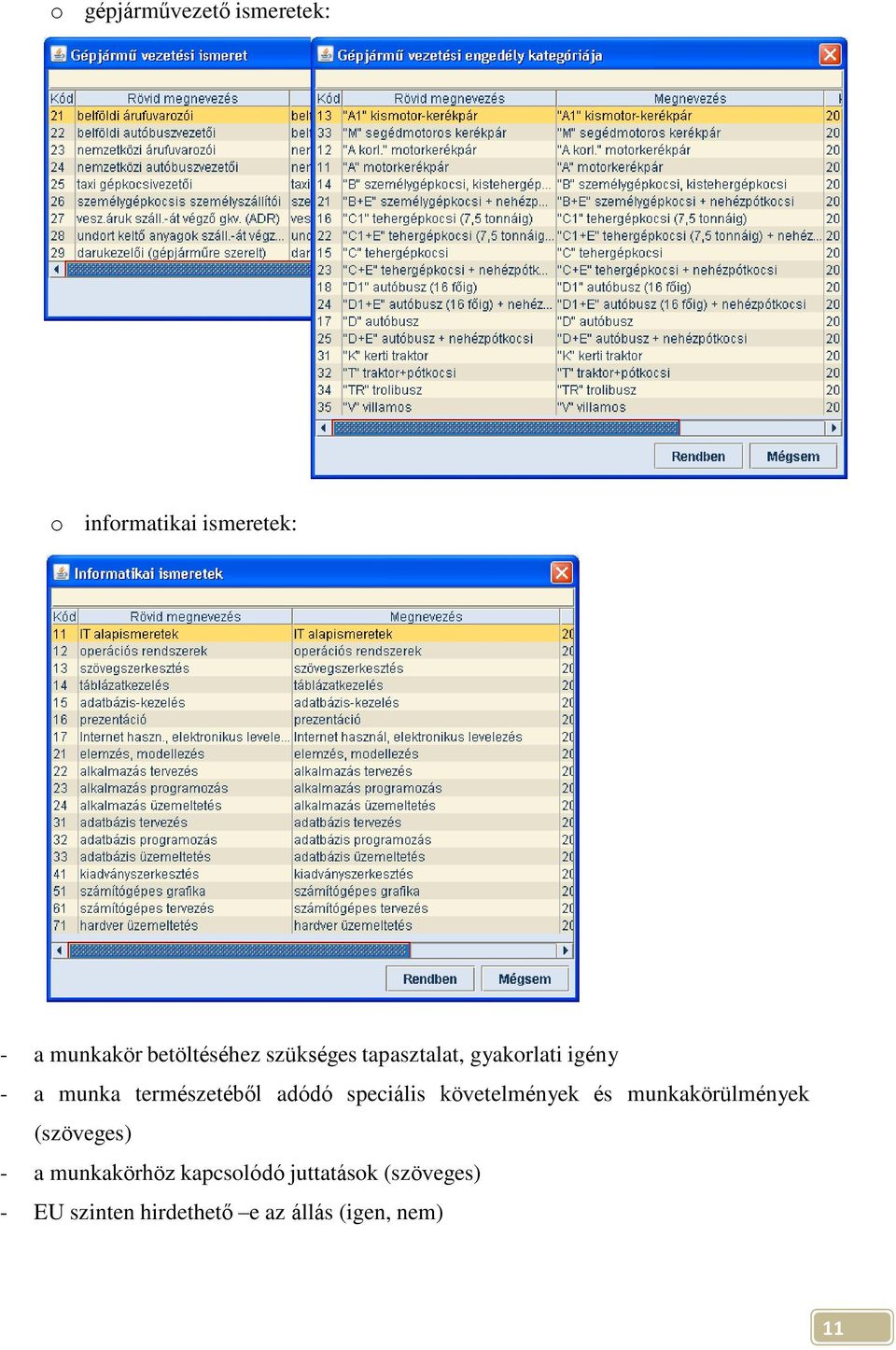 adódó speciális követelmények és munkakörülmények (szöveges) - a munkakörhöz