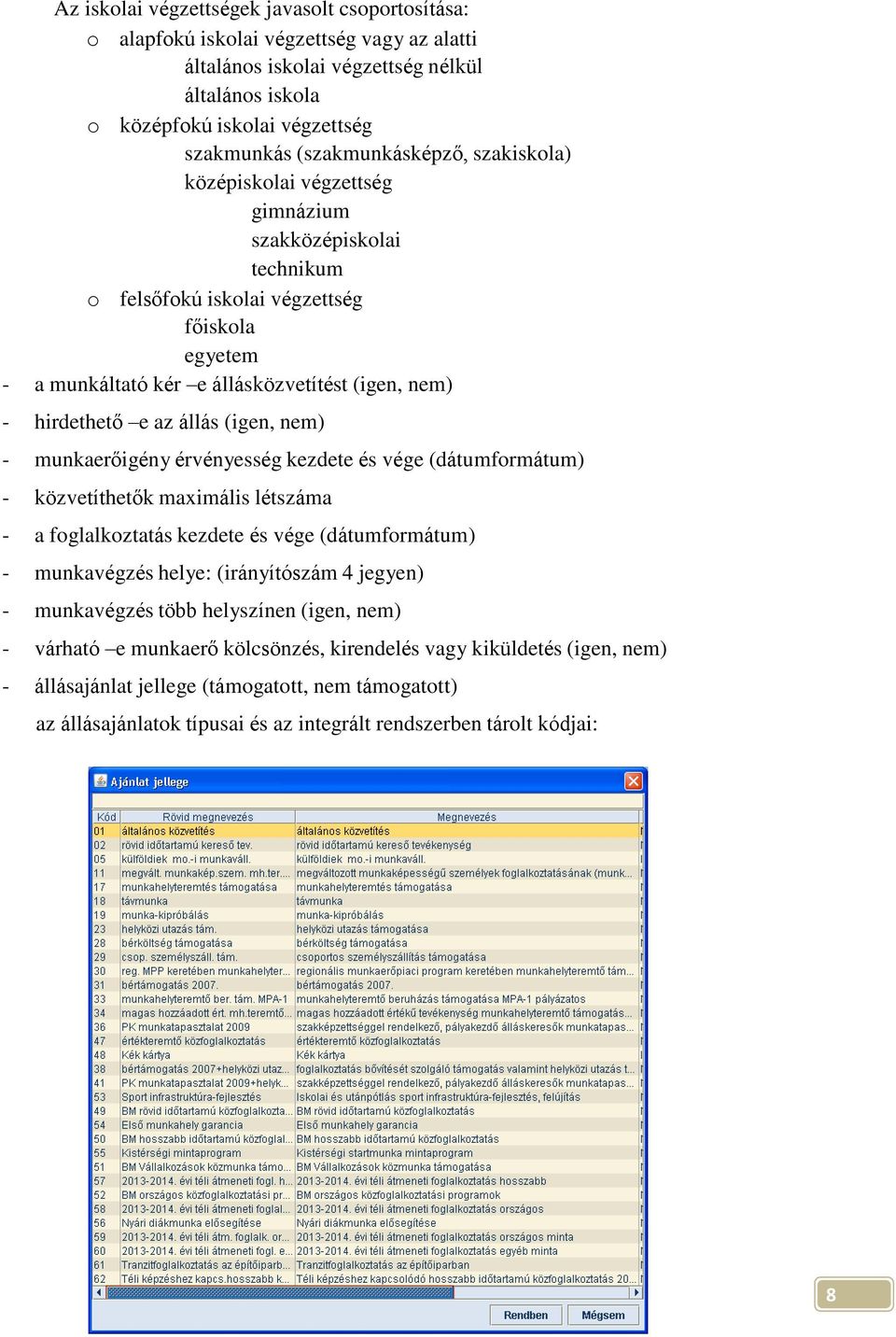 hirdethető e az állás (igen, nem) - munkaerőigény érvényesség kezdete és vége (dátumformátum) - közvetíthetők maximális lét - a foglalkoztatás kezdete és vége (dátumformátum) - munkavégzés helye: