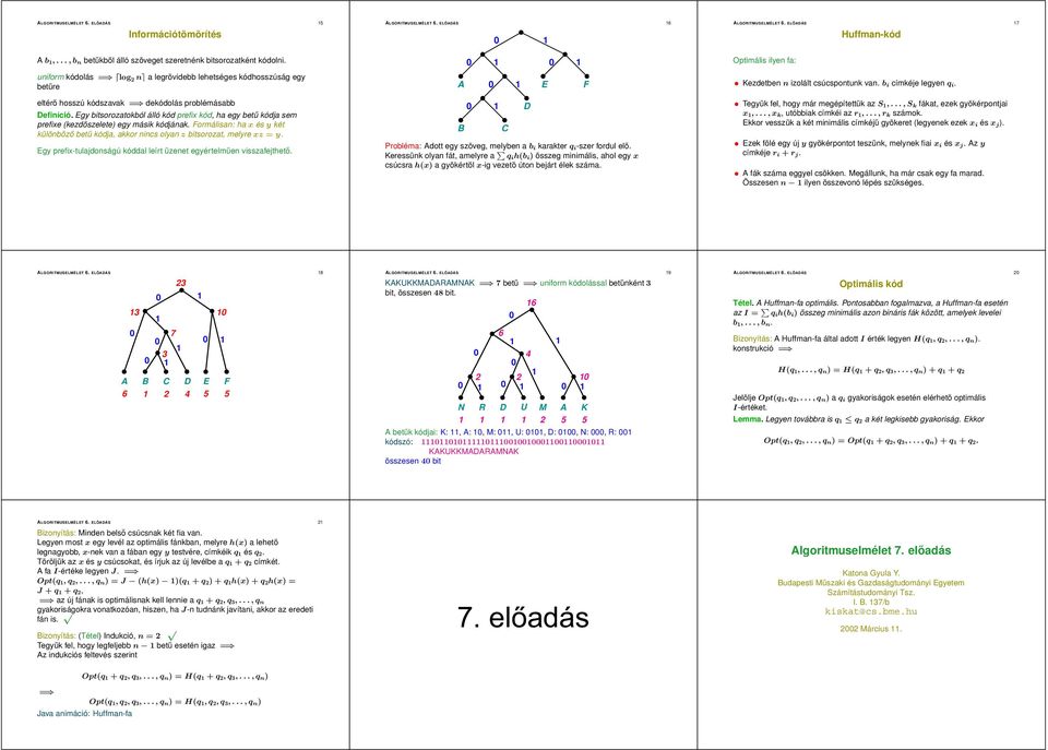 eltérő hozú kódzavak = dekódolá problémáabb Definíció. Egy bitorozatokból álló kód prefix kód, ha egy betű kódja em prefixe (kezdőzelete) egy máik kódjának.