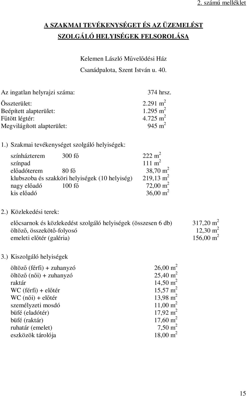 ) Szakmai tevékenységet szolgáló helyiségek: színházterem 300 fő 222 m 2 színpad 111 m 2 előadóterem 80 fő 38,70 m 2 klubszoba és szakköri helyiségek (10 helyiség) 219,13 m 2 nagy előadó 100 fő 72,00