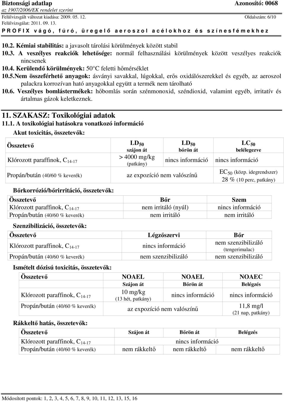 C feletti hımérséklet 10.5.Nem összeférhetı anyagok: ásványi savakkal, lúgokkal, erıs oxidálószerekkel és egyéb, az aeroszol palackra korrozívan ható anyagokkal együtt a termék nem tárolható 10.6.