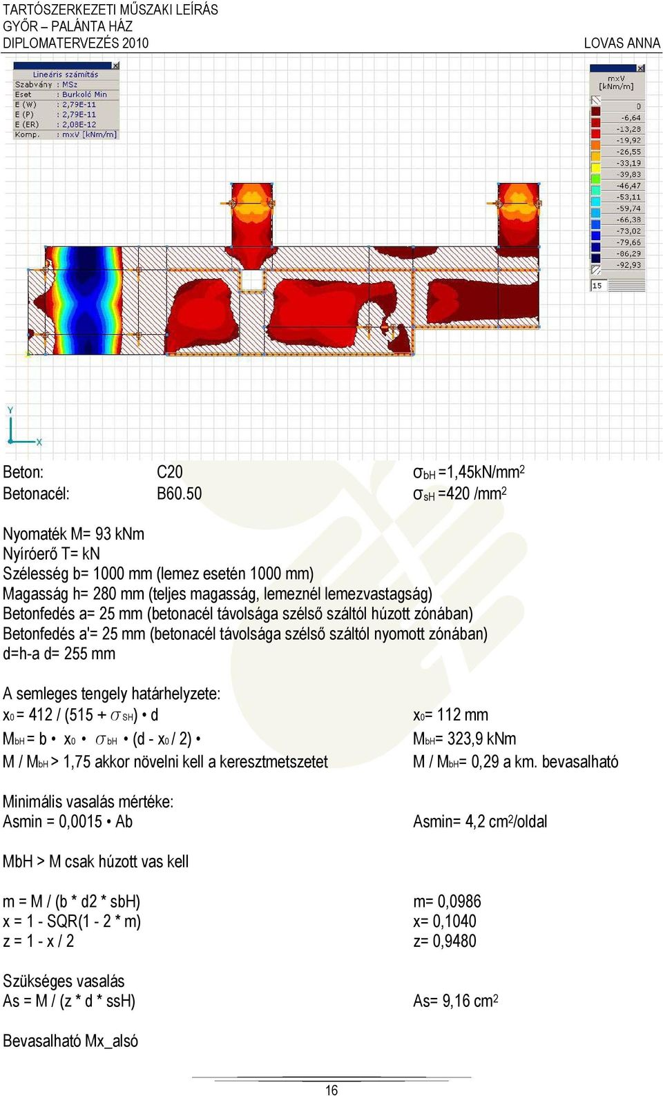 szélső száltól húzott zónában) Betonfedés a'= 25 mm (betonacél távolsága szélső száltól nyomott zónában) d=h-a d= 255 mm A semleges tengely határhelyzete: x0 = 412 / (515 + ssh) d x0= 112 mm MbH = b