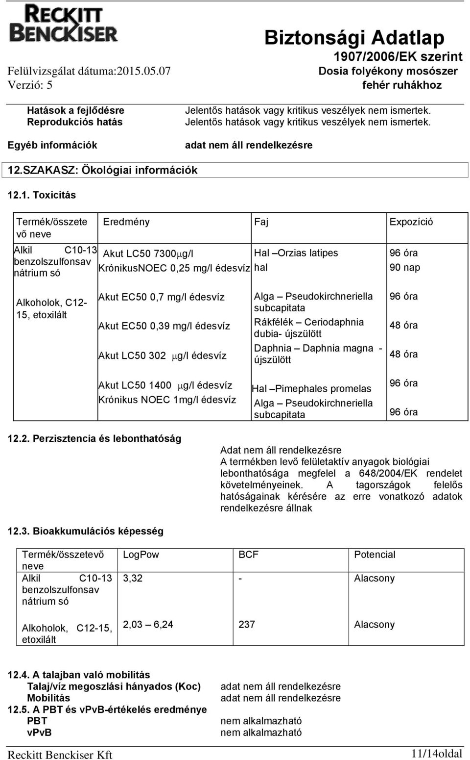 .1. Toxicitás Termék/összete vő neve Alkil C10-13 benzolszulfonsav nátrium só Eredmény Faj Expozíció Akut LC50 7300 g/l KrónikusNOEC 0,25 mg/l édesvíz Hal Orzias latipes hal 96 óra 90 nap Alkoholok,