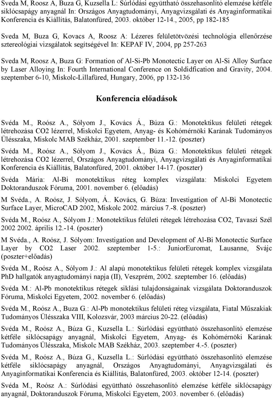 , 2005, pp 182-185 Sveda M, Buza G, Kovacs A, Roosz A: Lézeres felületötvözési technológia ellenőrzése sztereológiai vizsgálatok segítségével In: KEPAF IV, 2004, pp 257-263 Sveda M, Roosz A, Buza G: