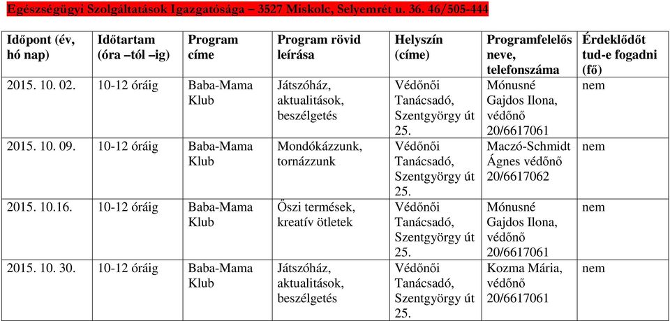 10-12 óráig Baba-Mama Klub Program rövid leírása Játszóház, aktualitások, beszélgetés Mondókázzunk, tornázzunk Őszi termések, kreatív ötletek Játszóház, aktualitások, beszélgetés Helyszín (címe)