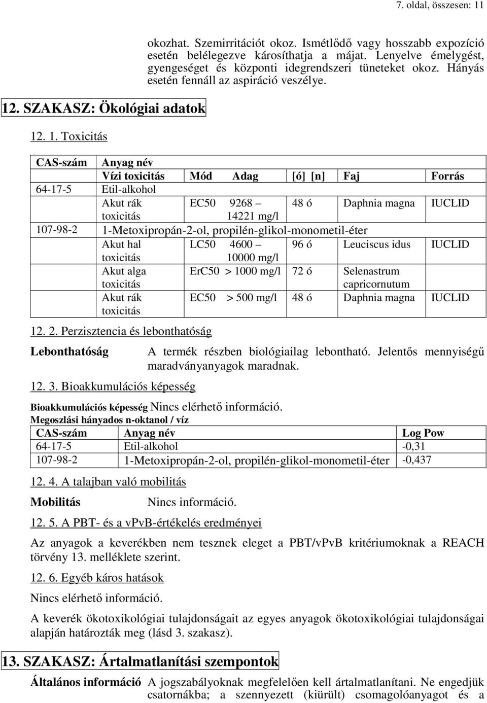 CAS-szám Anyag név Vízi toxicitás Mód Adag [ó] [n] Faj Forrás 64-17-5 Etil-alkohol Akut rák EC50 9268 48 ó Daphnia magna IUCLID toxicitás 14221 mg/l 107-98-2 1-Metoxipropán-2-ol,