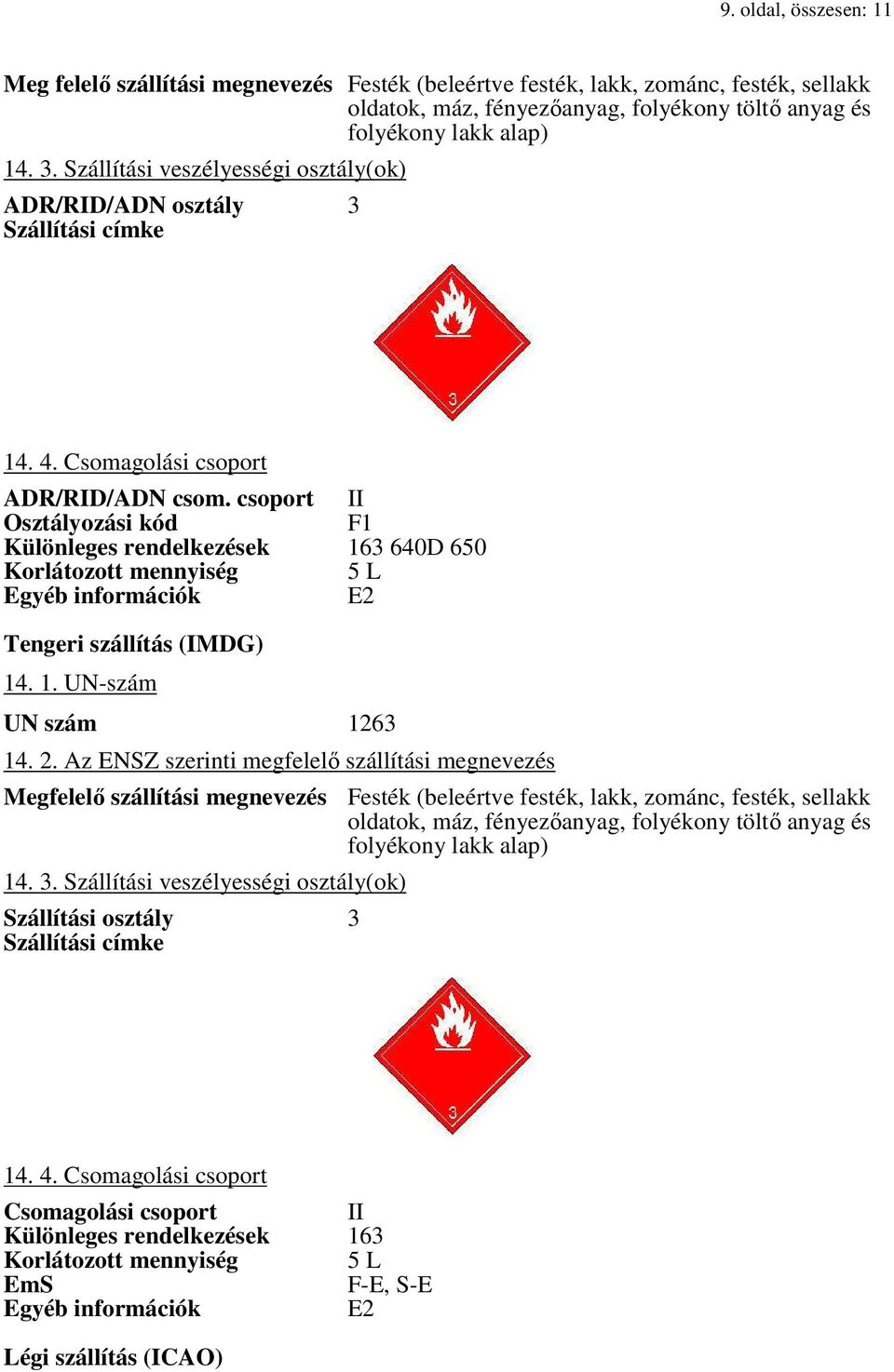 csoport II Osztályozási kód F1 Különleges rendelkezések 163 640D 650 Korlátozott mennyiség 5 L Egyéb információk E2 Tengeri szállítás (IMDG) 14. 1. UN-szám UN szám 1263 14. 2.