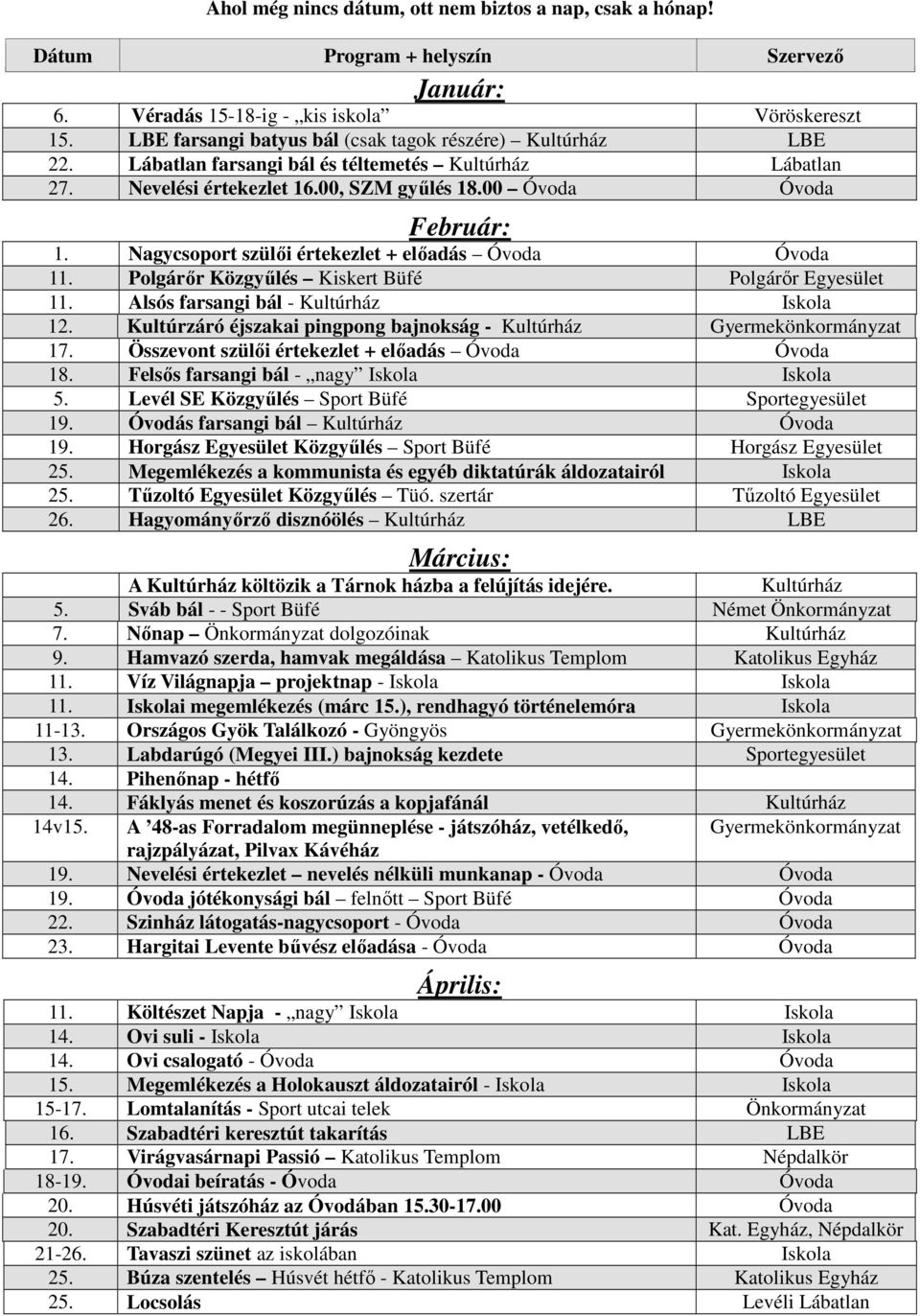 Nagycsoport szülıi értekezlet + elıadás Óvoda Óvoda 11. Polgárır Közgyőlés Kiskert Büfé Polgárır Egyesület 11. Alsós farsangi bál - 12. Kultúrzáró éjszakai pingpong bajnokság - Gyermekönkormányzat 17.